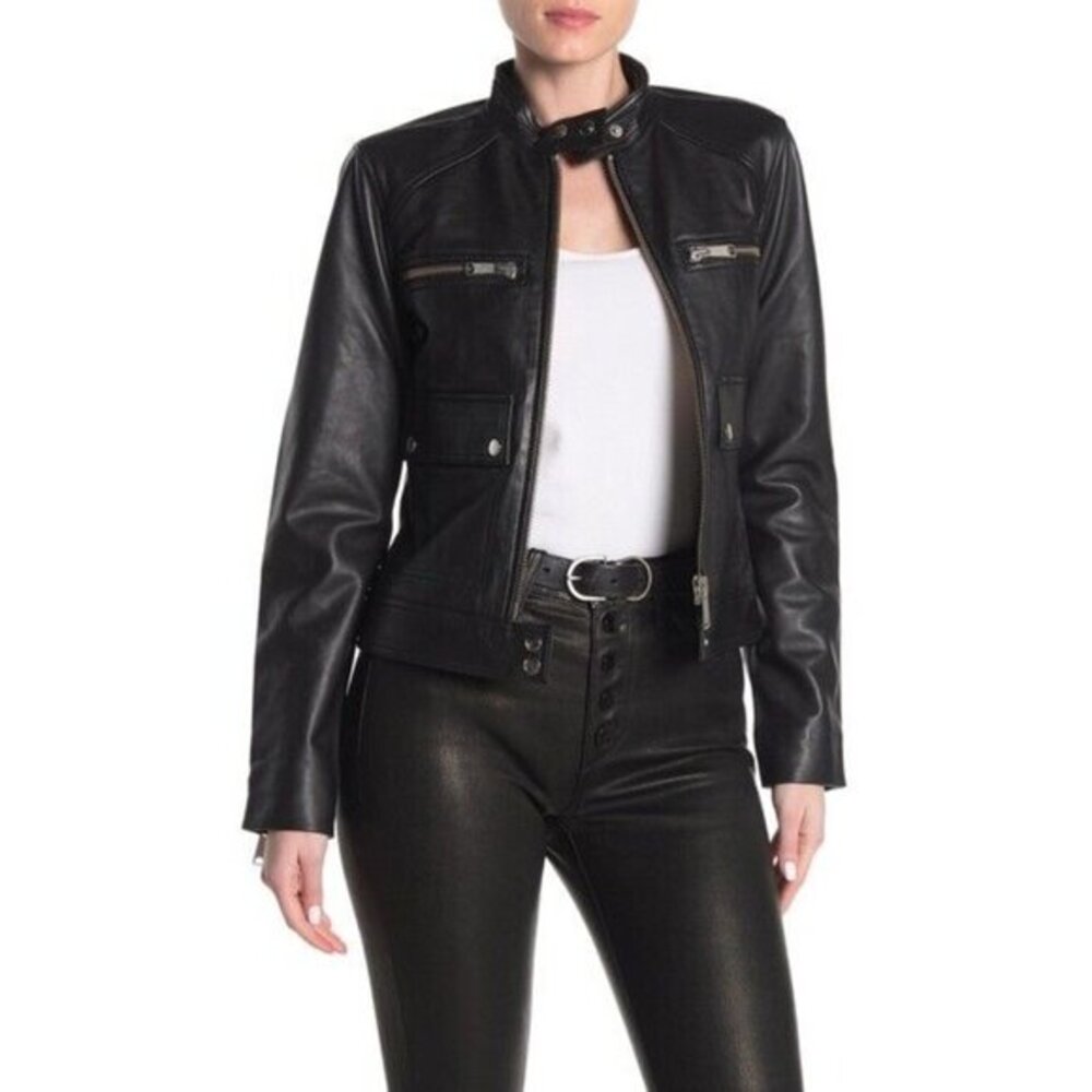Joe's Jeans The Biker Black Leather Jacket Front Leather Jacket SZ L NWT